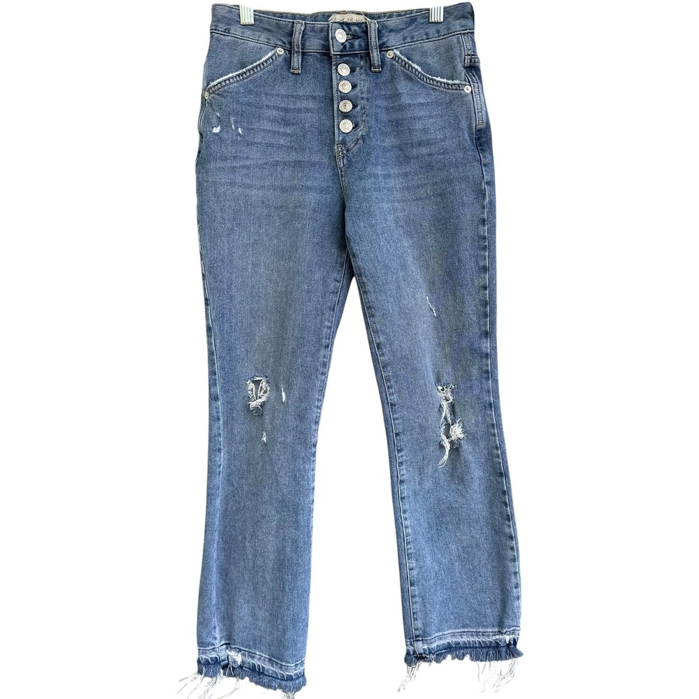 Free People We The Free High Rise Button Fly Distressed Raw Hem Cropped Jeans 25